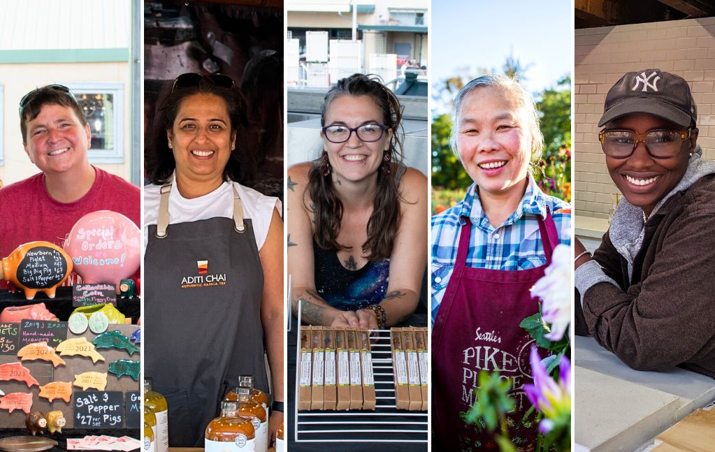 a collage of five women businesses owners at Pike Place Market